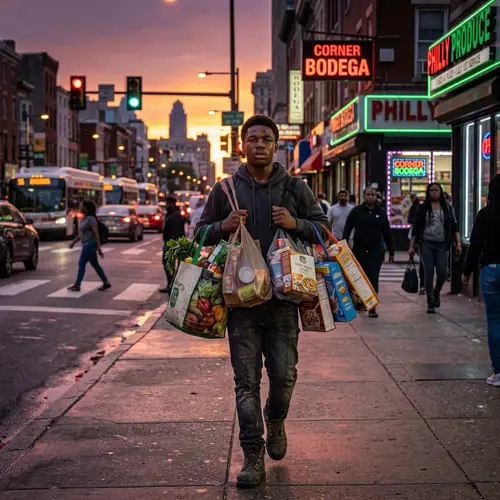 Resilient African American Teenager in City Carrying Grocery Bags