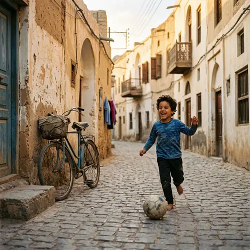 Joyful Middle Eastern Boy Playing in Traditional Neighborhood
