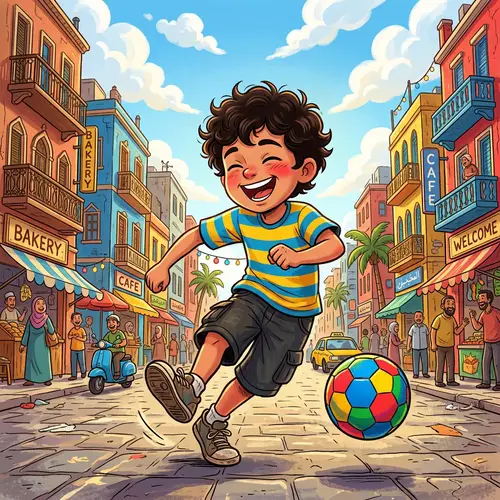 Joyful Middle Eastern Child Playing on Colorful City Street