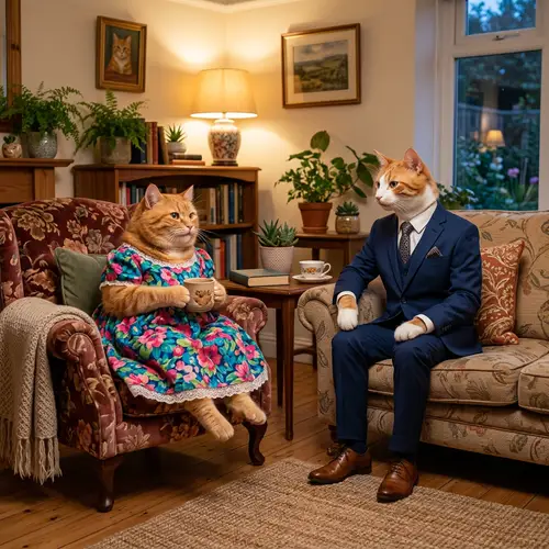 Charming Harmony: Orange & White Cat Humanoids in Cozy Home