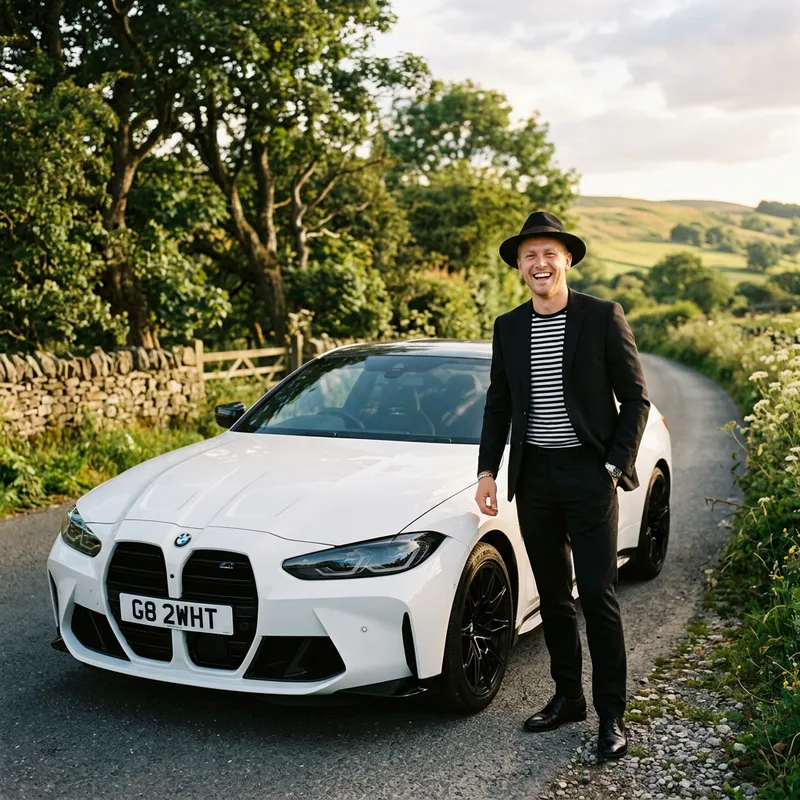 Blond Man in Black Shirt and Hat Next to White BMW