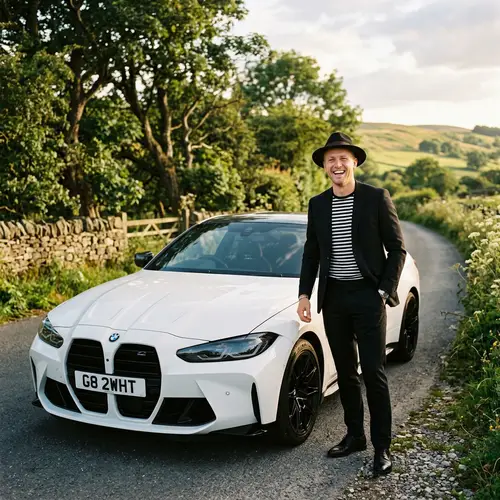 Blond Man in Striped Shirt and Black Suit Standing by White BMW