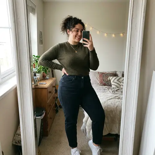 Chubby Girl's Mirror Pose – Embrace Your Figure