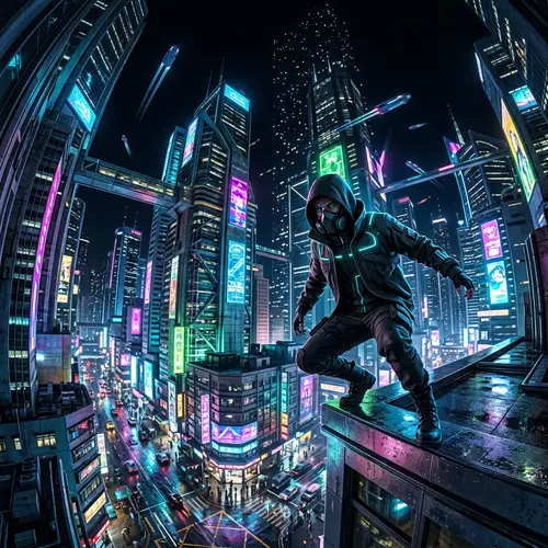 Dynamic Cyberpunk Cityscape with Mysterious Figure
