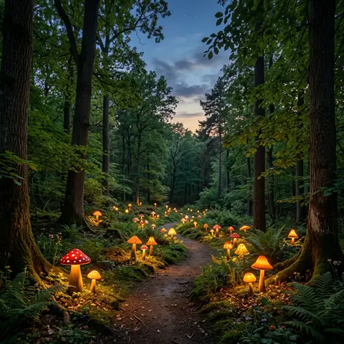 Serene Forest with Majestic Trees and Mushroom-Shaped Lamps