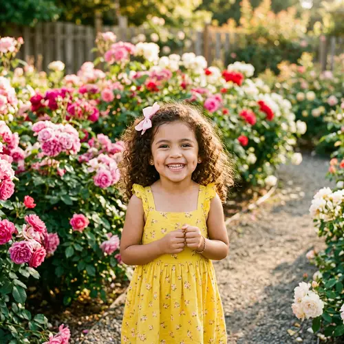 Smiling Hispanic Girl in Yellow Sundress by Rose Bush