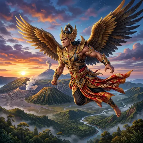 Gatotkaca: Indonesian Folklore Hero Soaring Above Volcanic Landscapes