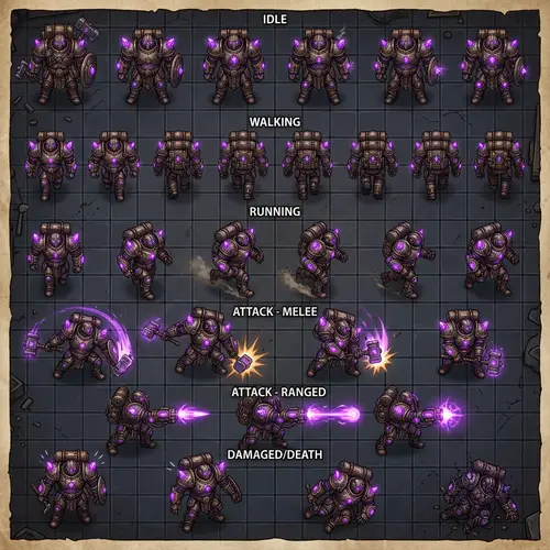 Warforged Armorer Artificer with Purple Crystals Sprite Sheet