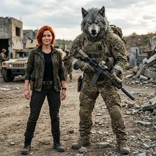 Realistic Werewolf in Military Special Forces Uniform with Woman