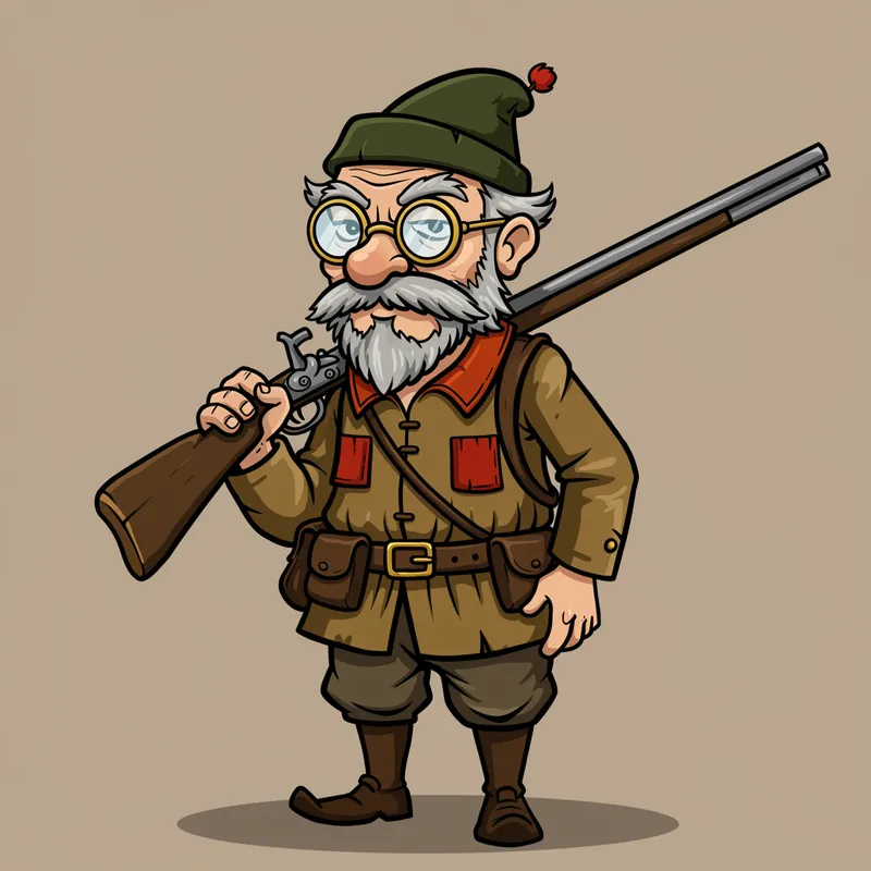 Old Hunter Mascot Design with Glasses and Muskete Old Hunter Mascot Design with Glasses and Muskete