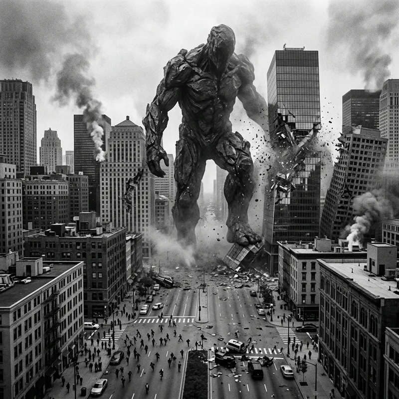 Colossal Monochrome Figure Destroying City