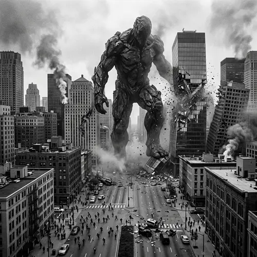 Colossal Monochrome Figure Wreaking Havoc in Metropolis
