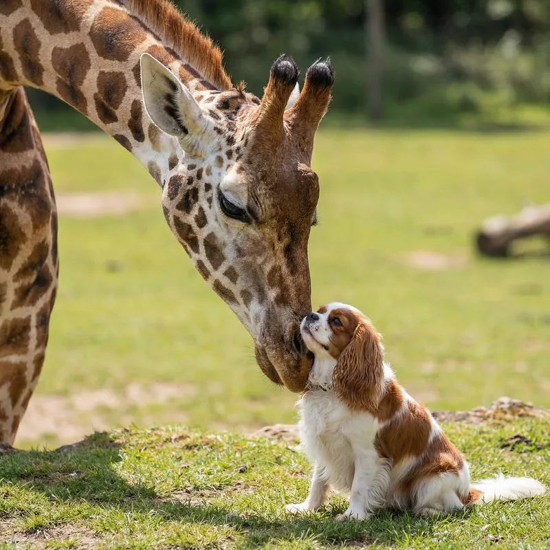 Giraffe and King Charles Spaniel Love