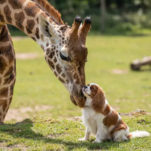 Giraffe and King Charles Spaniel Love