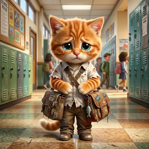 Cute Sad Tabby Kitten in School Hallway