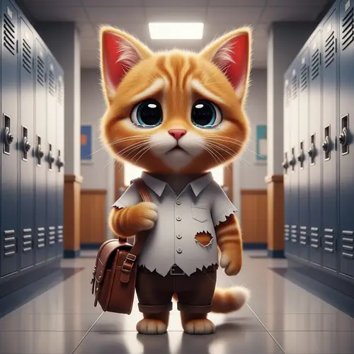 Cute Sad Tabby Kitten in School Hallway