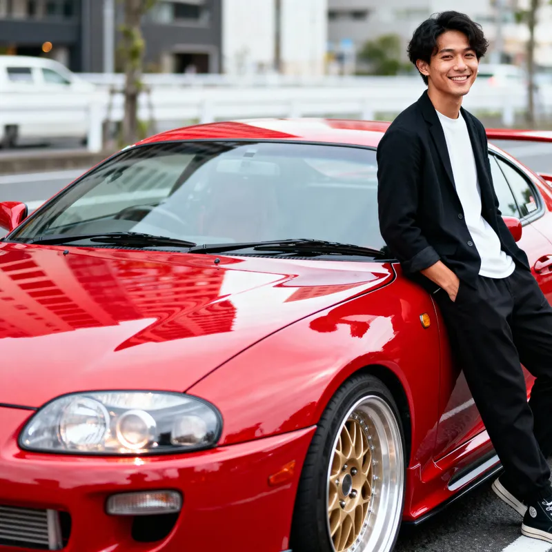 Stunning Red Toyota Supra with Stylish Young Man