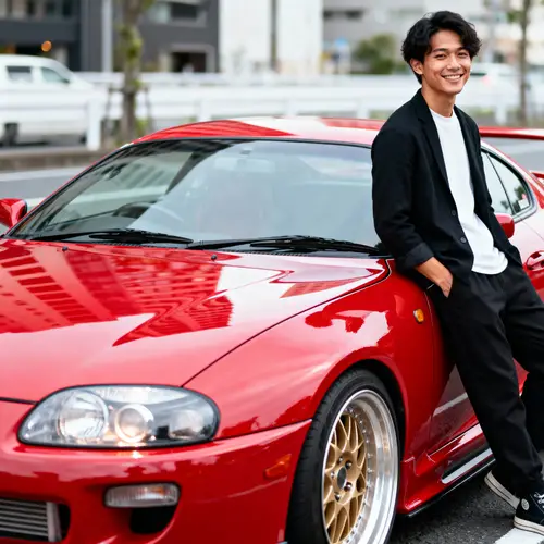 Stunning Red Toyota Supra with Stylish Young Man