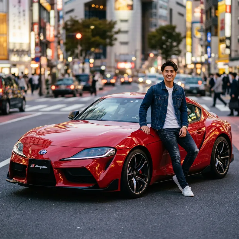 Stunning Red Toyota Supra with Stylish Young Man