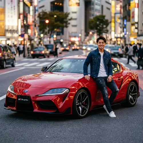 Stunning Red Toyota Supra with Stylish Young Man