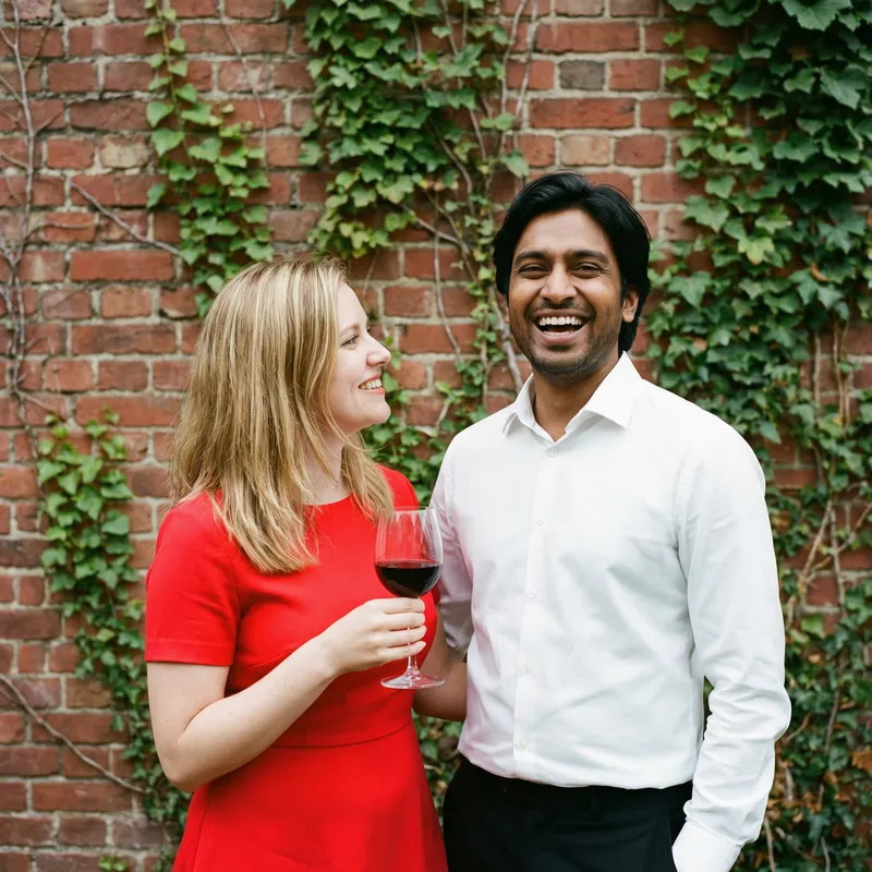 Happy Couple Laughing Together by Brick Wall