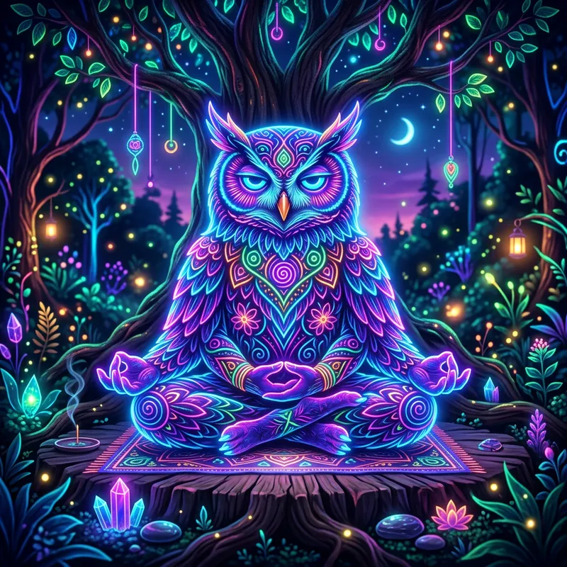 Neon Owl Meditating in Lotus Pose Image