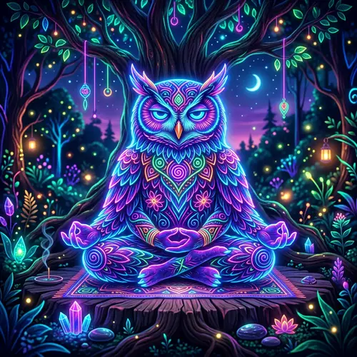 Neon Owl Meditating in Lotus Pose