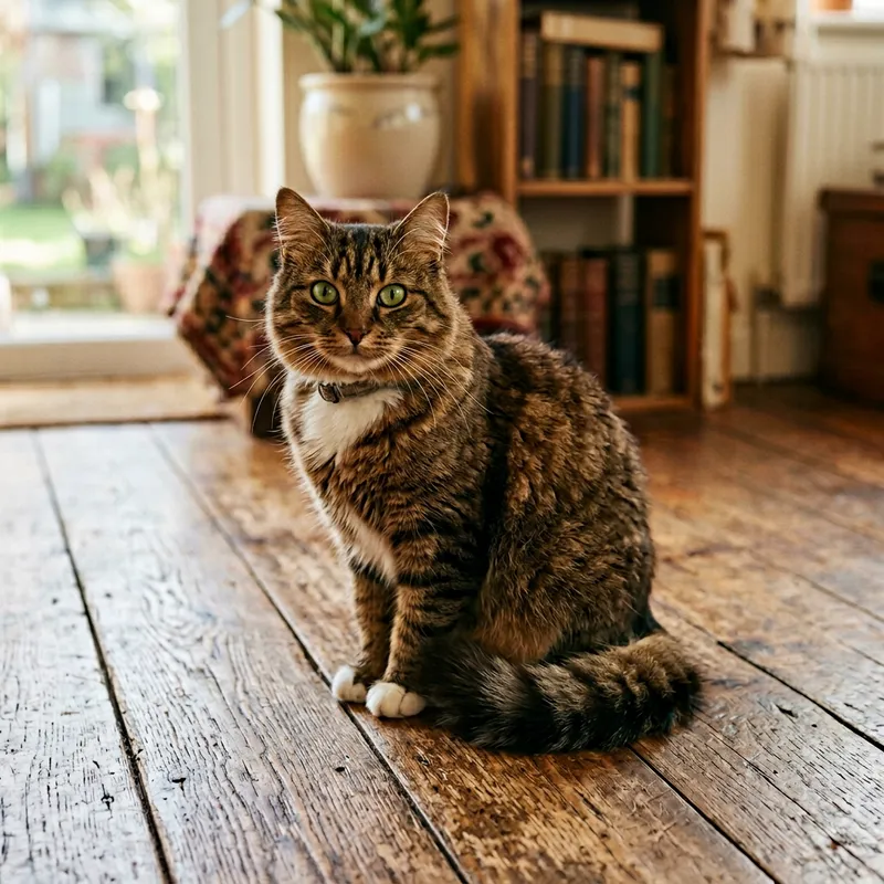 Brown Cat with Striking Green Eyes on Antique Wooden Floor Brown Cat with Striking Green Eyes on Antique Wooden Floor