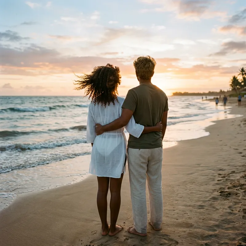 Beautiful Seaside Couple Admiring the Ocean View | Romantic Beach Photo