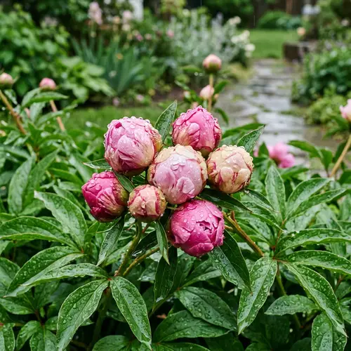 Peony Flowers Blooming After Rain - Serene Garden Scene