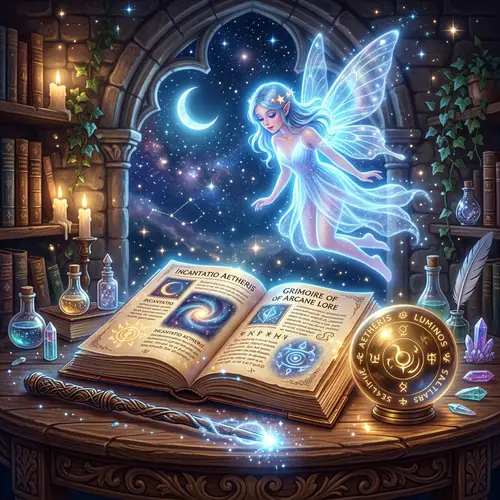 Enchanting Magic Scene with Ancient Book, Orb, Wand, and Fairy