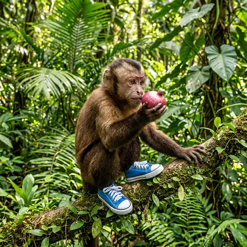 Curious Monkey with Onion and Blue Shoes in Jungle