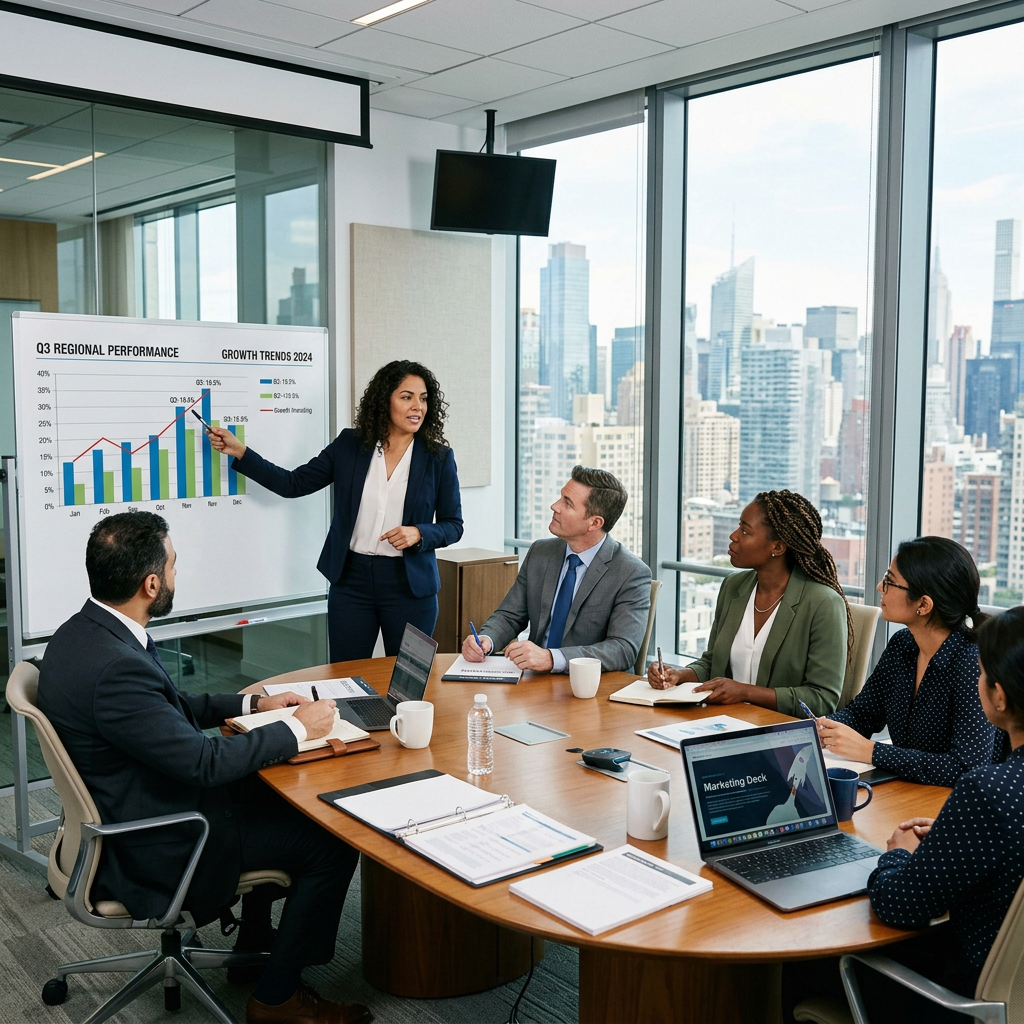 Business professionals reviewing charts and business strategy in a modern meeting room
