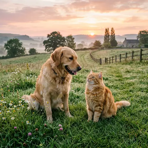 Tranquil Sunrise Scene with Golden Retriever Dog and Tabby Cat
