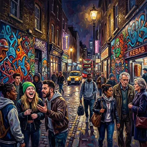 Urban Scene Oil Painting: City Streets at Night