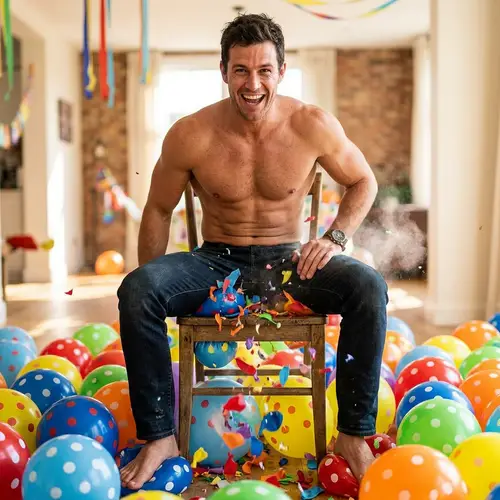 Muscular Man Sitting on Colorful Balloons | Playful Strength Image