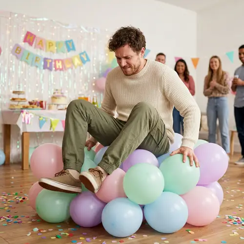 Playful Man Popping Balloons | Fun Party Room Scene