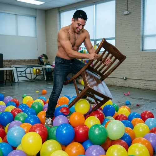 Colorful Balloons Display: Shirtless Hispanic Man on Chair