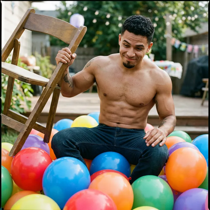 Shirtless Guy Pops Balloons Sitting on Chair | Fun Scene