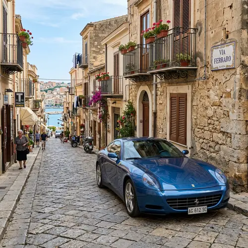 Blue Ferrari Scaglietti Parked on Via Ferraro in Sciacca
