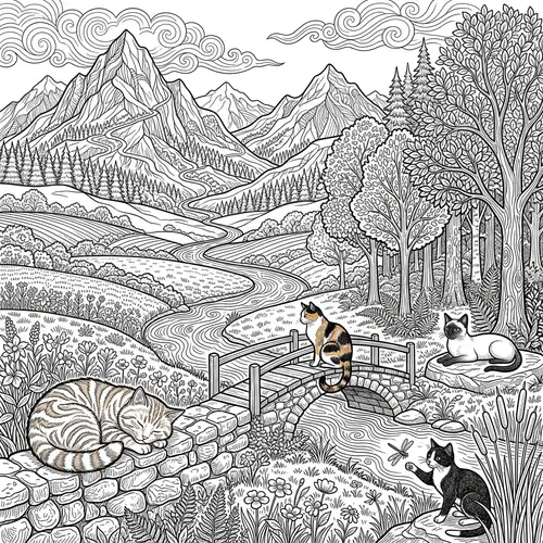 Adult Coloring Landscapes with Cats | Intricate Nature Designs