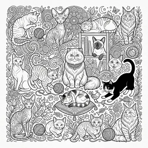 Adult Cat Coloring Book Page: Intricate Designs for Relaxation