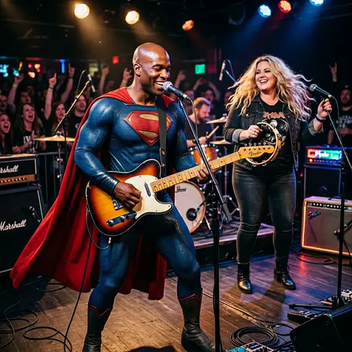 Superman Rocks Out: Guitarist Duo in Action