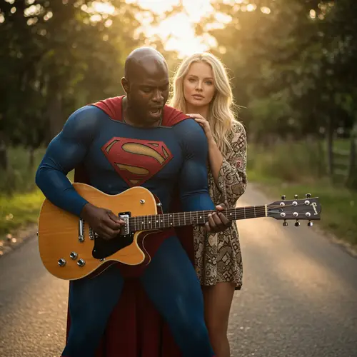 Superman Rocks Out: Guitarist Duo in Action