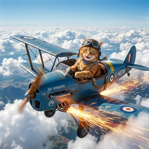 Vivid Red Cat in Blue Airplane with Exciting Sparks