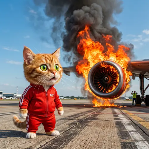 Hyperrealistic Cartoon Cat in Red Track Suit Sees Airplane Engine Ablaze
