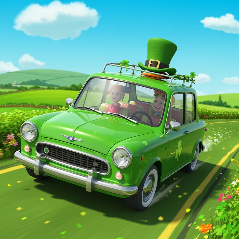 Fun Green Cartoon Car with Irish Vibe