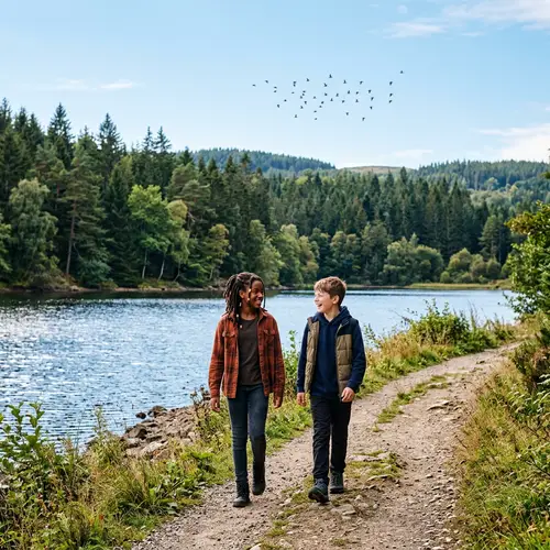 Lake Stroll: Girl with Dreadlocks and Boy | Tranquil Forest View