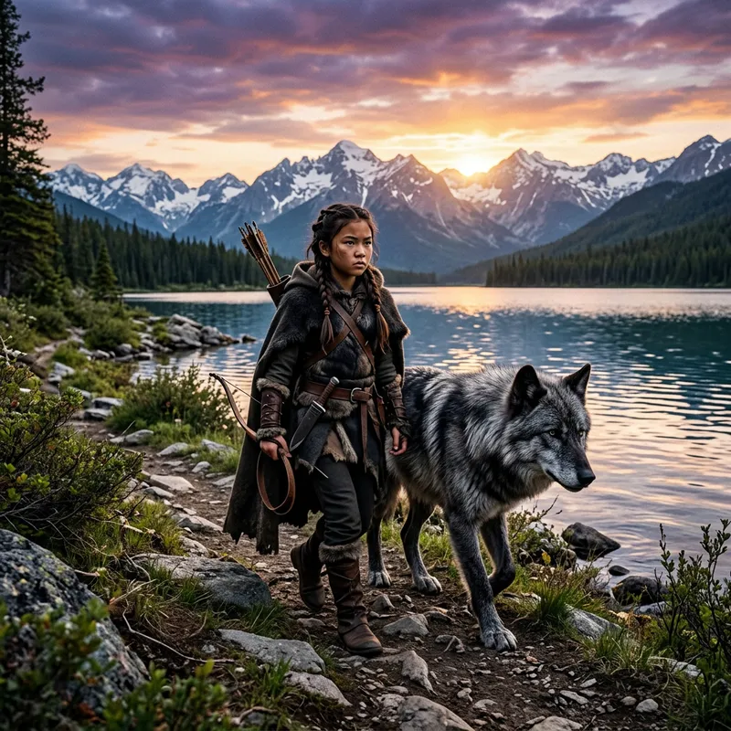 Feared Asian Girl and Wolf by Serene Lake | Majestic Wilderness Scene