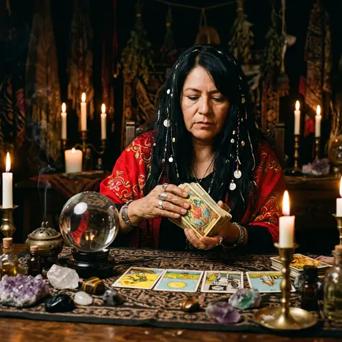 Hispanic Fortune Teller Using Tarot Cards in Dark Room